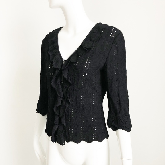St John Knit Cardigan Sweater Ruffle Hem Cardi Black Size 2 Vintage Marie Gray - Picture 6 of 8